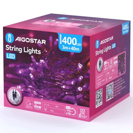 Aigostar - LED-Außen-Weihnachtslichterkette 400 LEDs/8 Funktionen 43 m IP44 rosa