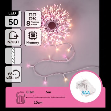 Aigostar - LED-Außen-Weihnachtslichterkette 50xLED/8 Funktionen 3xAA 5,3m IP44 rosa/warmweiß