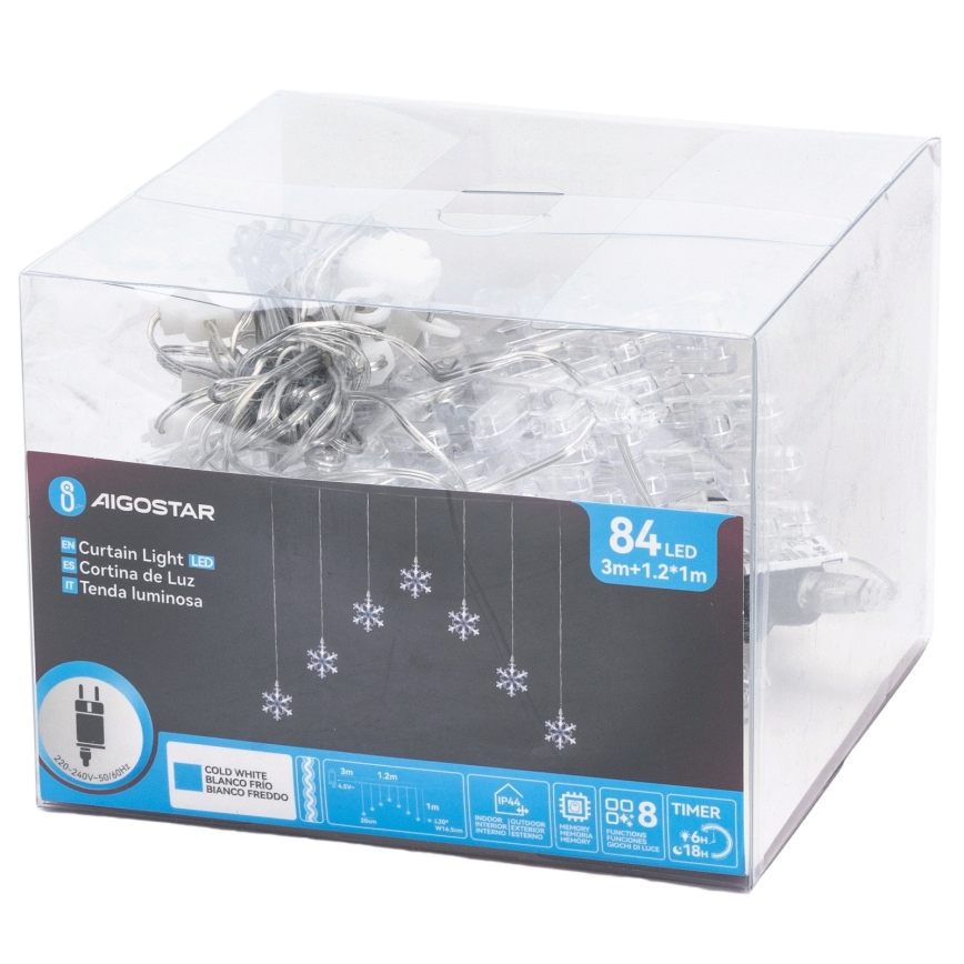 Aigostar - LED-Außen-Weihnachtslichterkette 84 LEDs / 8 Funktionen, 1,2×1 m, IP44, kaltweiß, Schneeflocken
