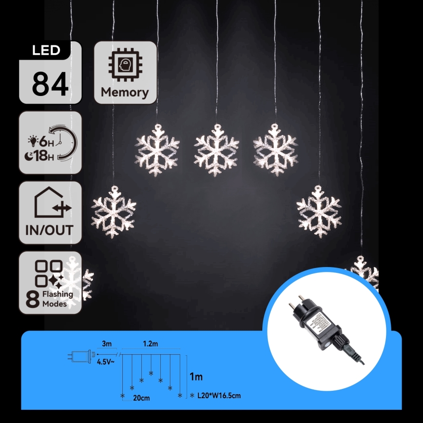 Aigostar - LED-Außen-Weihnachtslichterkette 84xLED/8 Funktionen 1,2x1m IP44 kaltweiß Schneeflocken