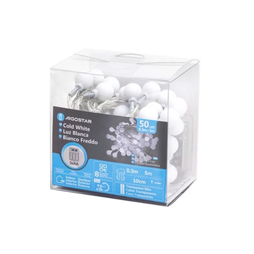 Aigostar - LED-Außen-Lichterkette 50xLED/3xAA/8 Funktionen 5,3 m IP44 kaltweiß