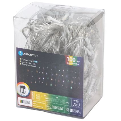 Aigostar-LED Catena luminosa di Natale per esterni 100xLED/8 funzioni 3xAA 8x0,4m IP44 multicolore