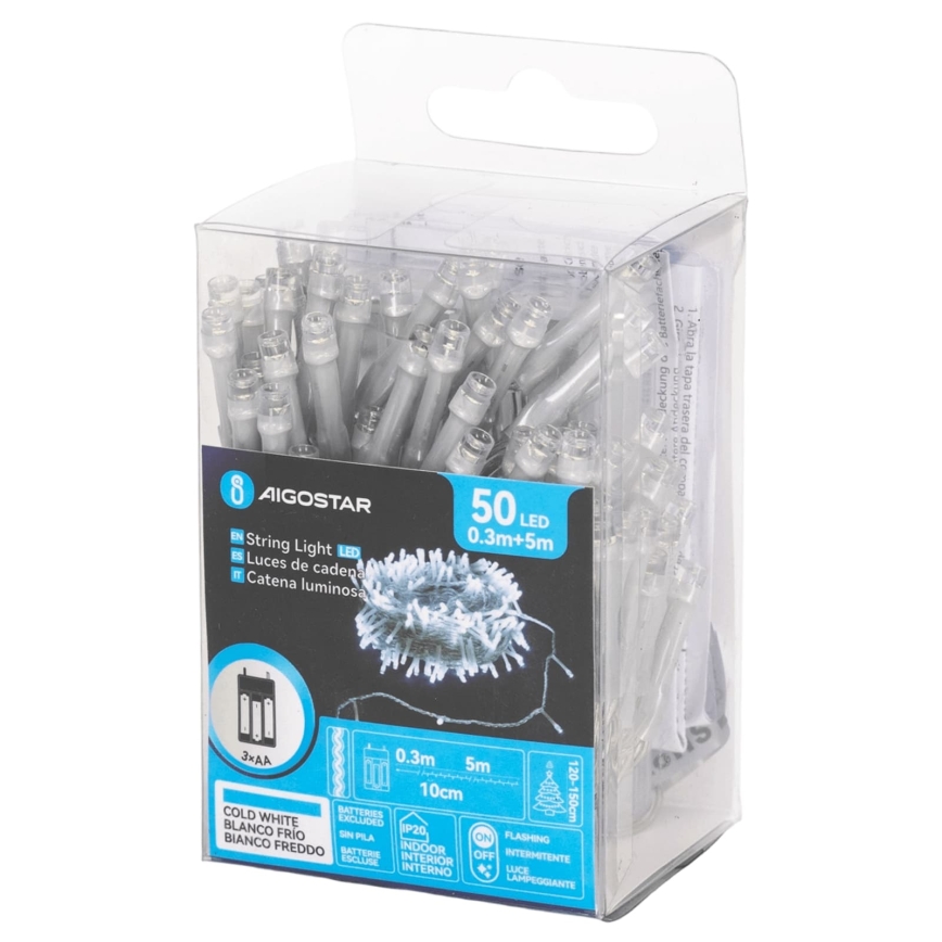 Aigostar - LED catena luminosa natalizia 50xLED/3xAA 5,3m bianco freddo