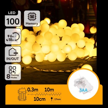 Aigostar - LED catena luminosa natalizia da esterno 100xLED/3xAA/8 funzioni 10,3 m IP44 bianco caldo