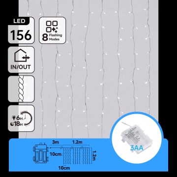 Aigostar - LED catena luminosa natalizia da esterno 156xLED/8 funzioni 3xAA 4,2x1,2m IP44 bianco freddo