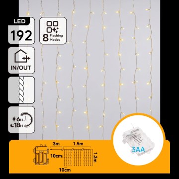 Aigostar - LED Catena luminosa natalizia da esterno 192xLED/8 funzioni 3xAA 4,5x1,2m IP44 bianco caldo