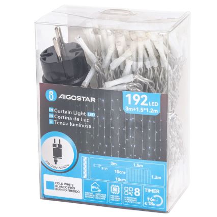 Aigostar - LED catena luminosa natalizia per esterni 192xLED/8 funzioni 4,5x1,2m IP44 bianco freddo