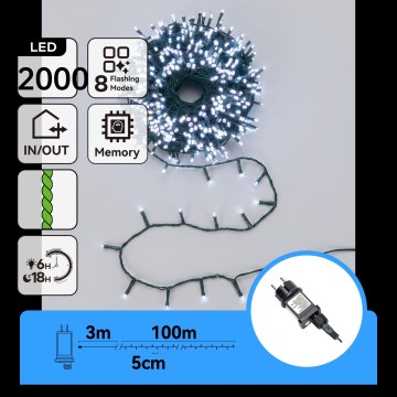 Aigostar - LED Catena luminosa natalizia da esterno 2000xLED/8 funzioni 103m IP44 bianco freddo