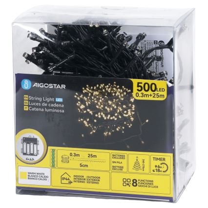 Aigostar - LED Catena luminosa natalizia per esterni 500xLED/8 funzioni 4xAA 25,3 m IP44 bianco caldo