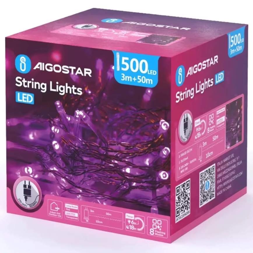 Aigostar - Catena luminosa natalizia LED da esterno 500xLED/8 funzioni 53m IP44 rosa