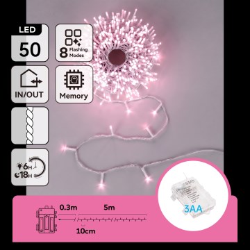 Aigostar - LED catena luminosa natalizia da esterno 50xLED/8 funzioni 3xAA 5,3m IP44 rosa