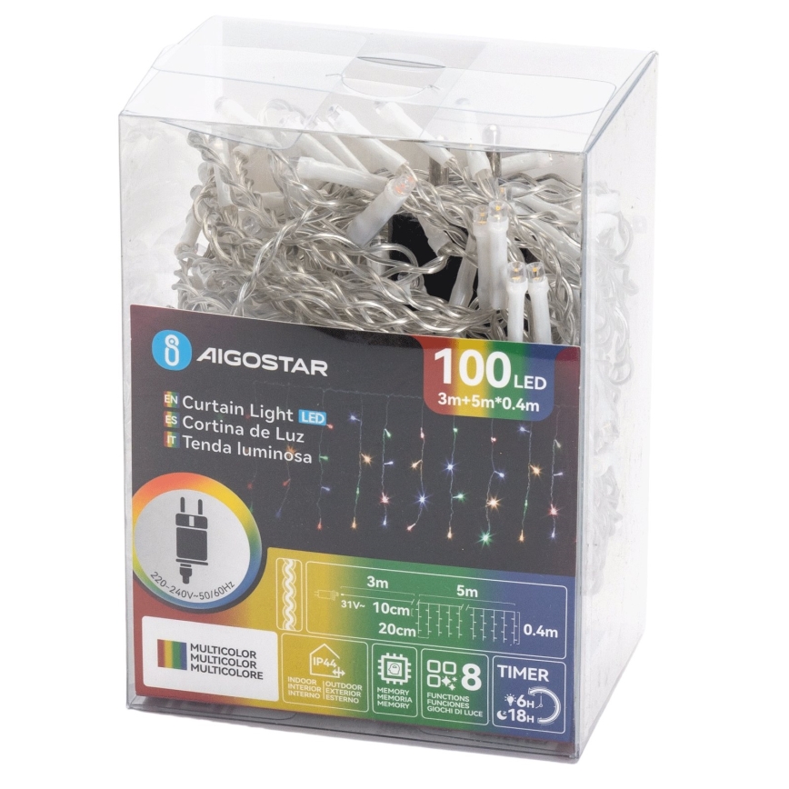 Aigostar - LED Catena luminosa natalizia per esterni 100xLED/8 funzioni 8x0,4m IP44 multicolore