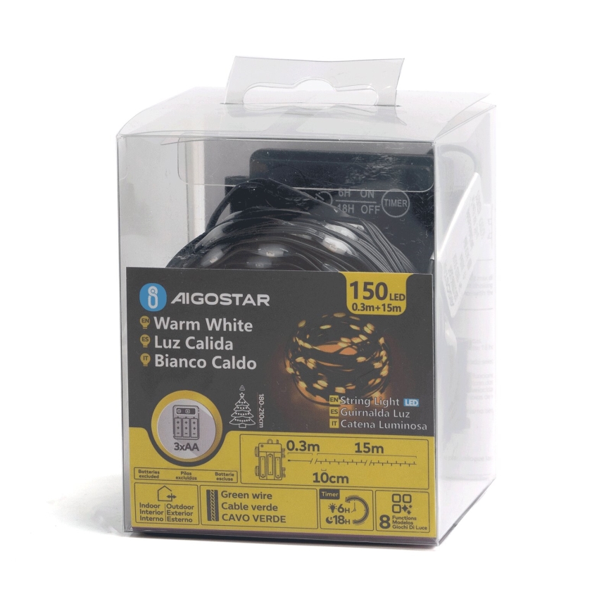 Aigostar -LED Catena luminosa natalizia per esterni 150xLED/8 funzioni 3xAA 15,3m IP44 bianco caldo