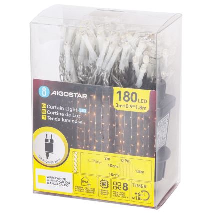 Aigostar - LED Catena luminosa natalizia per esterni 180xLED/8 funzioni 3,9x1,8m IP44 bianco caldo