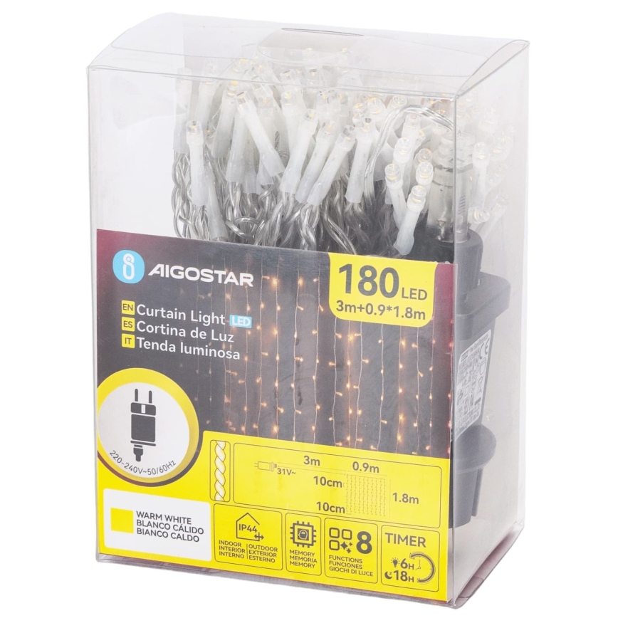 Aigostar - LED Catena luminosa natalizia per esterni 180xLED/8 funzioni 3,9x1,8m IP44 bianco caldo