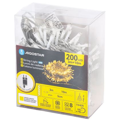 Aigostar - LED Catena luminosa natalizia per esterni 200xLED/8 funzioni 13m IP44 bianco caldo