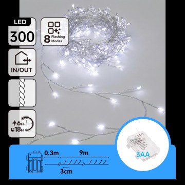 Aigostar - LED Catena luminosa natalizia per esterni 300xLED/8 funzioni 3xAA 9,3m IP44 bianco freddo