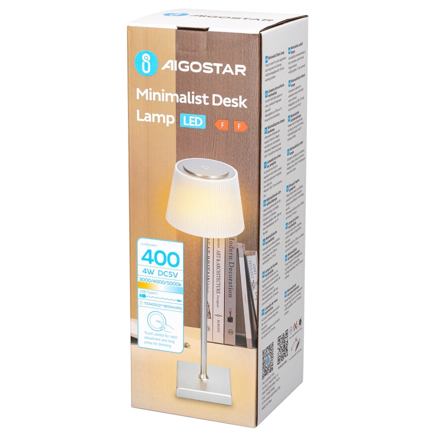 Aigostar - LED Lampada da tavolo ricaricabile dimmerabile per esterni LED/4W/5V 3600mAh bianco/cromo opaco IP54