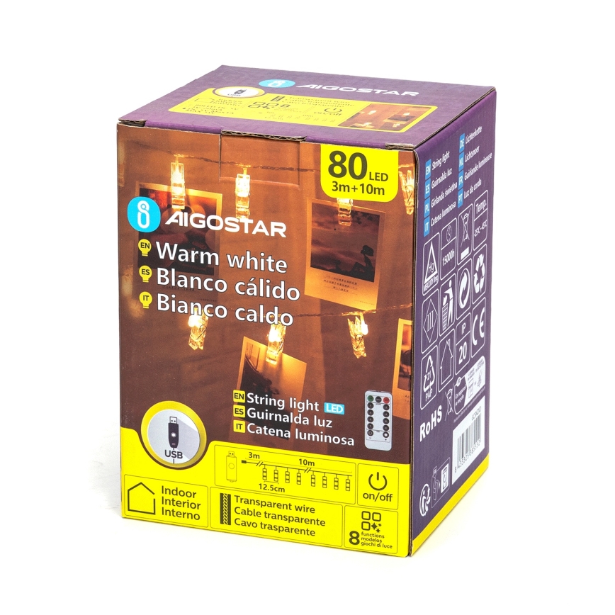 Aigostar - LED-Dekorationslichterkette 80xLED/5W/USB 13 m warmweiß