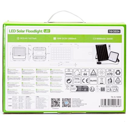 Aigostar - LED dimmbarer Solarstrahler LED/100W/3,4V 3000/4000/6500K IP66 8000 mAh + Fernbedienung