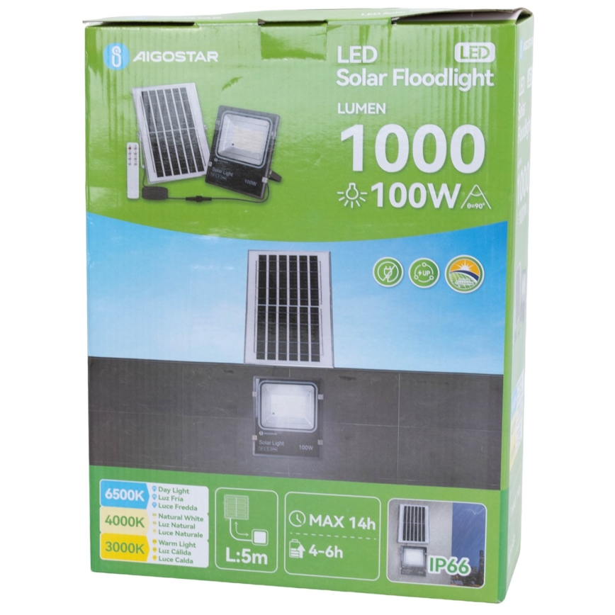 Aigostar - Proiettore solare dimmerabile a LED/100W/3,2V 2000mAh 3000K/4000K/6500K IP66 + telecomando