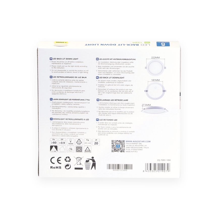 Aigostar - LED-Einbau-Downlight, 18 W / 230 V, 3000 K (Warmweiß), Ø 22,2 cm, Weiß