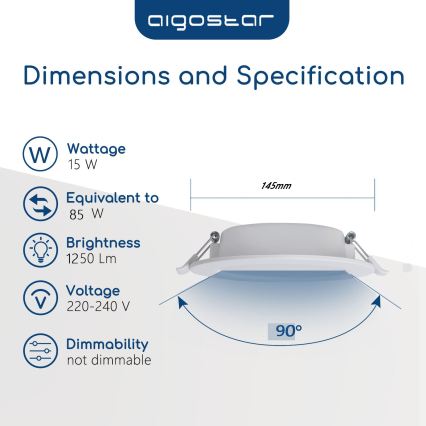 Aigostar - LED-Einbauleuchte für Badezimmer LED/15W/230V 4000K IP44 Ø 14,5 cm weiß