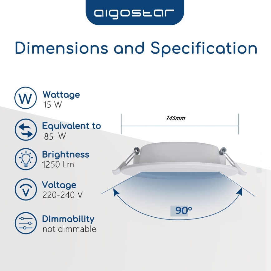 Aigostar - LED-Einbauleuchte für Badezimmer LED/15W/230V 4000K IP44 Ø 14,5 cm weiß