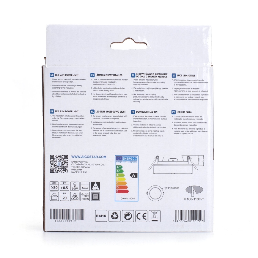 Aigostar - LED-Einbauleuchte ULTRATHIN LED/6W/230V 3000K weiß