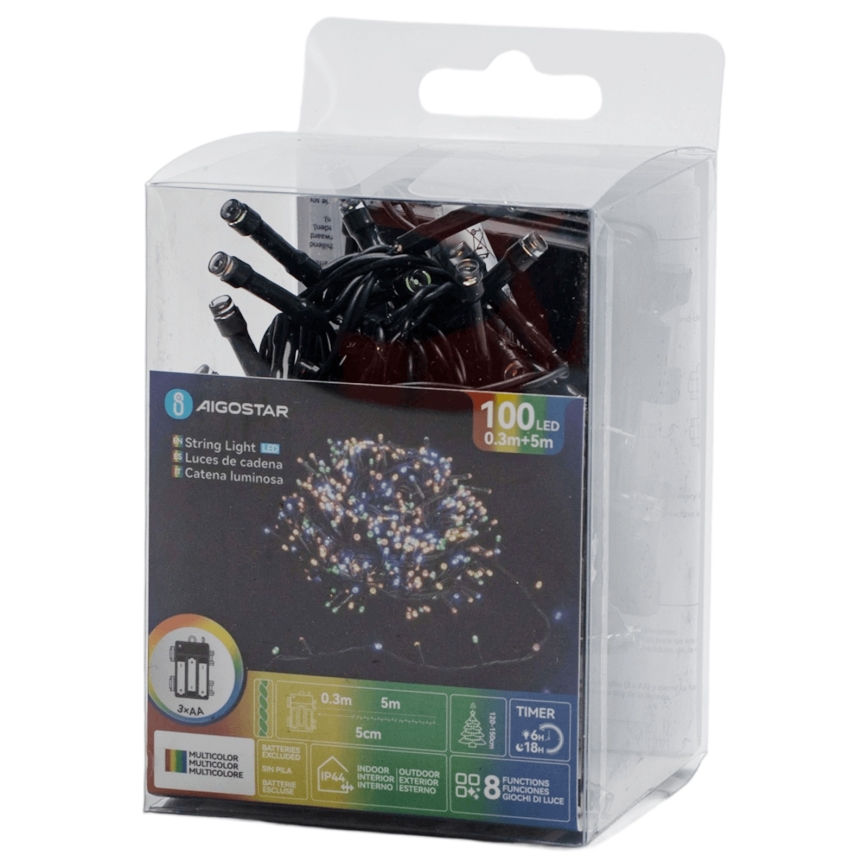 Aigostar - Guirlande lumineuse LED extérieure de Noël 100 LED, 8 fonctions, 3xAA, 5,3 m, IP44, multicolore