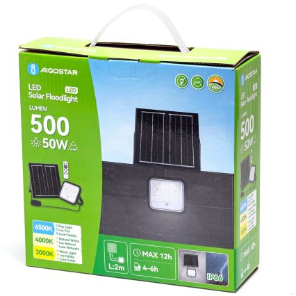 Aigostar - LED Faro solare dimmerabile LED/50W/3,4V 3000/4000/6500K IP66 + telecomando