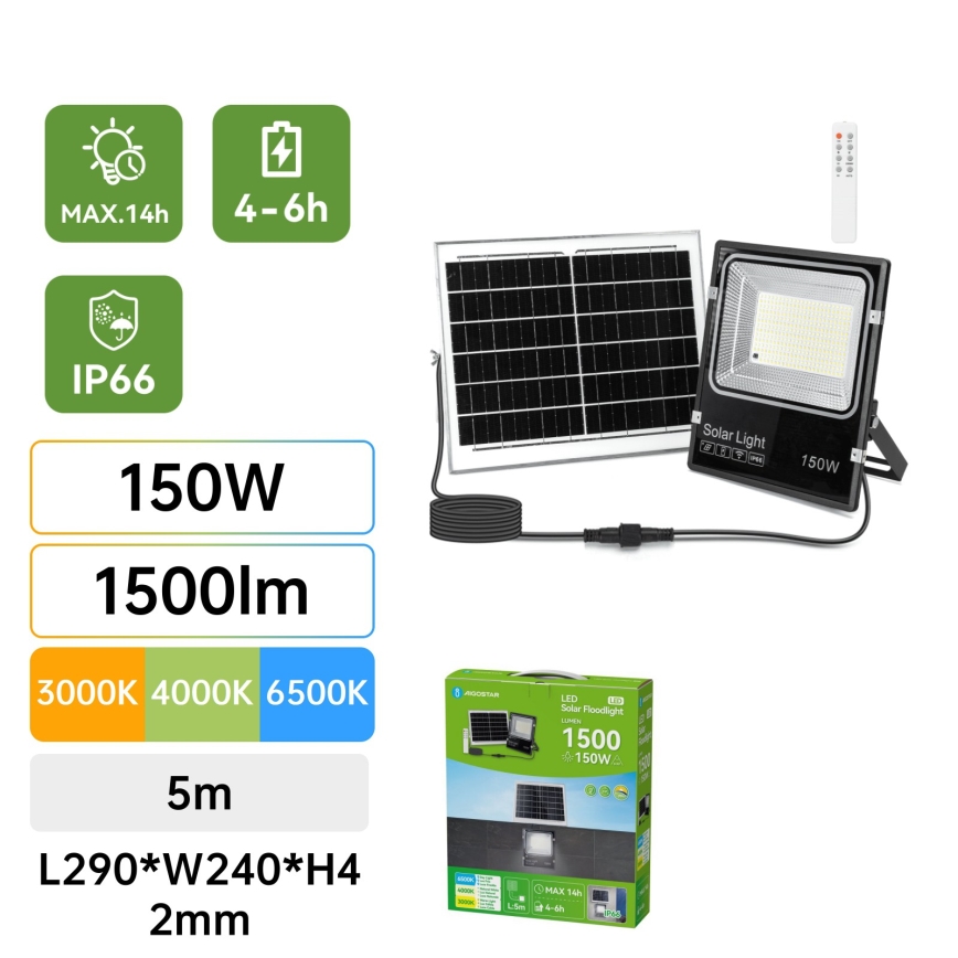 Aigostar - Proiettore solare LED/150W/3,2V 3000mAh 3000K/4000K/6500K IP66 + telecomando