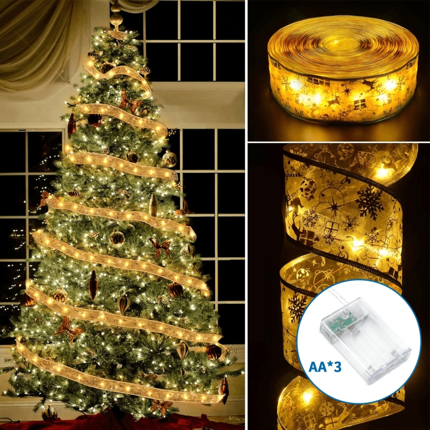 Aigostar - Guirlande LED 100 LED, 10 m, alimentée par 3 piles AA, blanc chaud, dorée