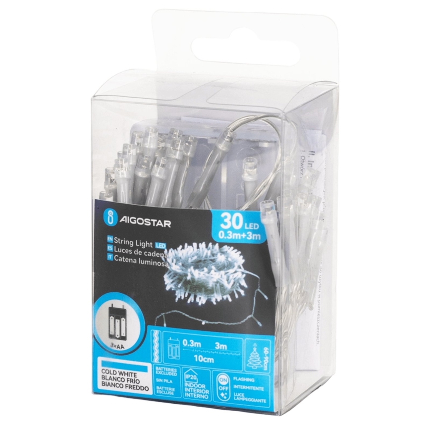 Aigostar - LED Guirlande de Noël 30xLED/3xAA 3,3m blanc froid
