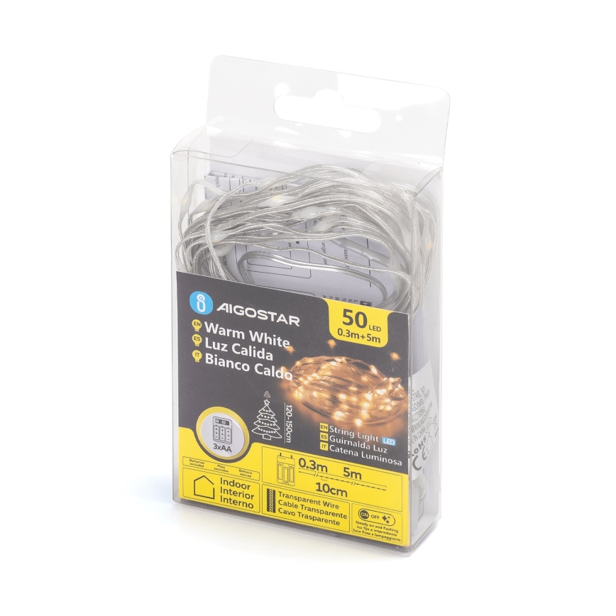 Aigostar - LED Guirlande de Noël 50xLED/3xAA 5,3 m blanc chaud