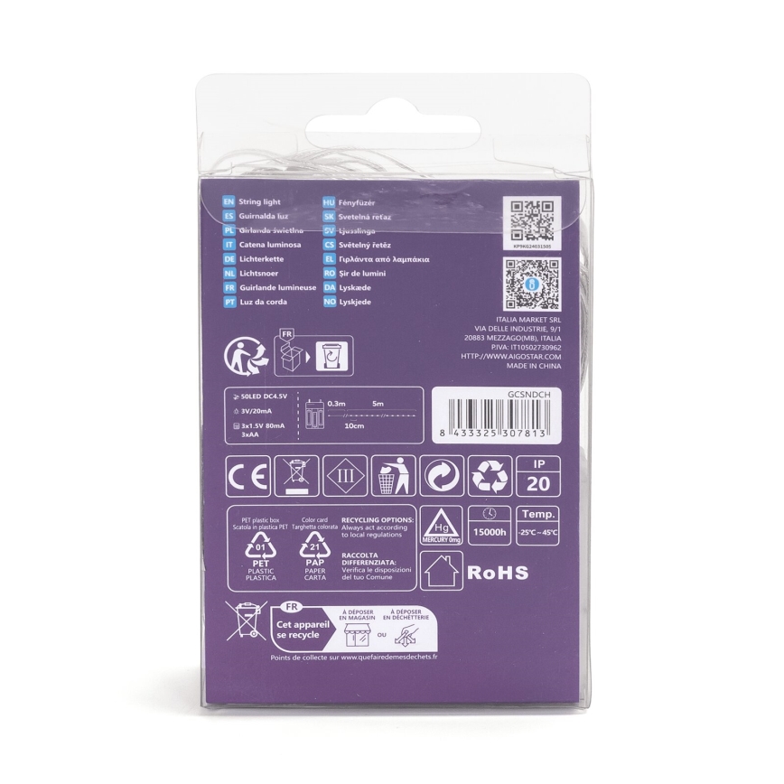 Aigostar - LED Guirlande de Noël 50xLED/3xAA 5,3 m blanc chaud
