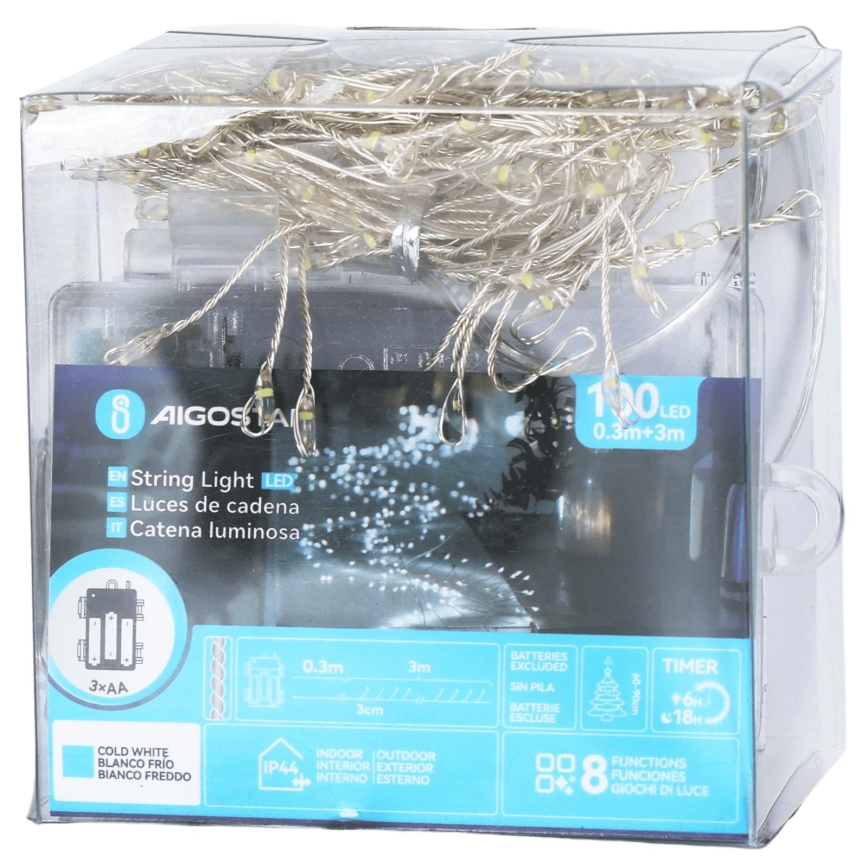 Aigostar - Guirlande de Noël extérieure LED 100xLED/8 fonctions 3xAA 3,3m IP44 blanc froid