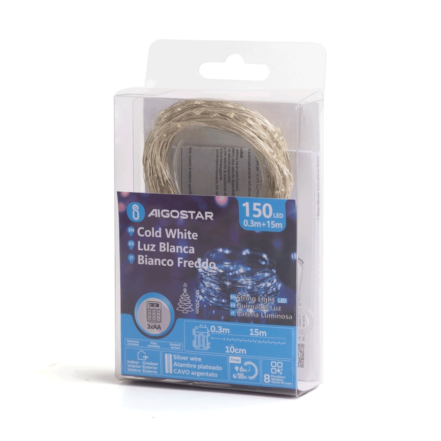 Aigostar - Guirlande de Noël LED extérieure 150xLED/8 fonctions/3xAA 15,3m IP44 blanc froid