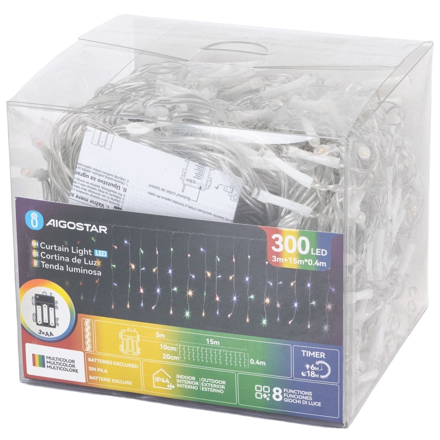 Aigostar - Guirlande de Noël LED extérieure 300 LED / 8 fonctions, 3xAA, 18 x 0,4 m, IP44, multicolore