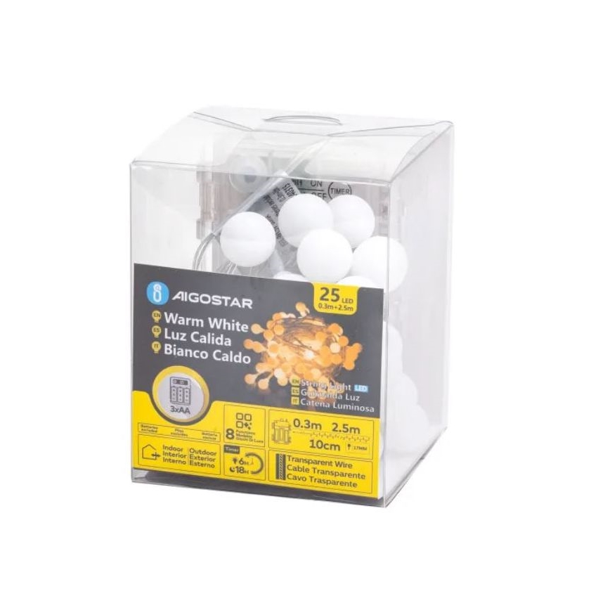 Aigostar-LED guirlande LED d'extérieur 25 LED/3xAA/8 fonctions 2,8 m IP44 blanc chaud