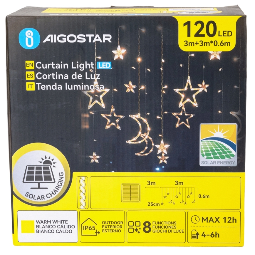 Aigostar - Guirlande de Noël solaire à LED 120 LED / 8 fonctions 3 x 0,6 m 500 mAh IP65 blanc chaud