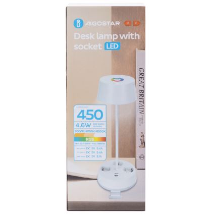 Aigostar - Lampe de bureau LED RGBW dimmable avec prises et port USB LED/4,6W/230V 3000/4000/6500K blanche