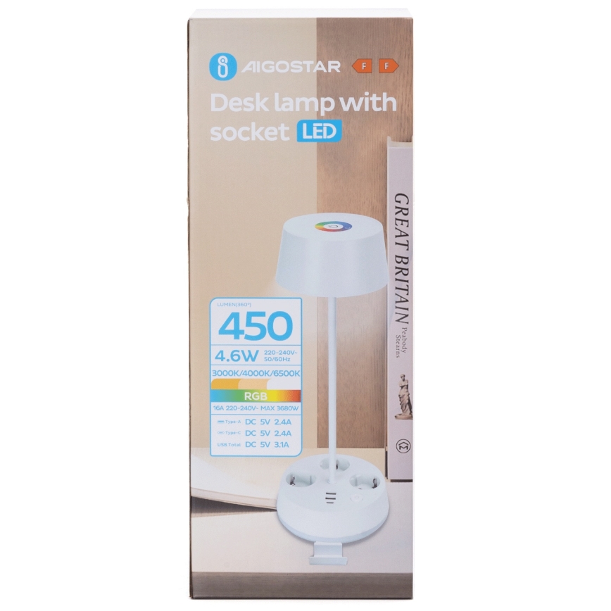 Aigostar - Lampe de bureau LED RGBW dimmable avec prises et port USB LED/4,6W/230V 3000/4000/6500K blanche
