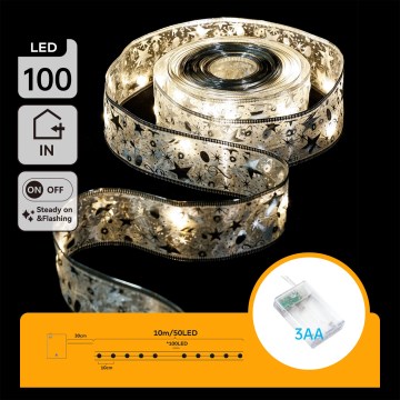 Aigostar - LED-Lichterkette, 100 LEDs, 3×AA, 10 m, Warmweiß, Silber