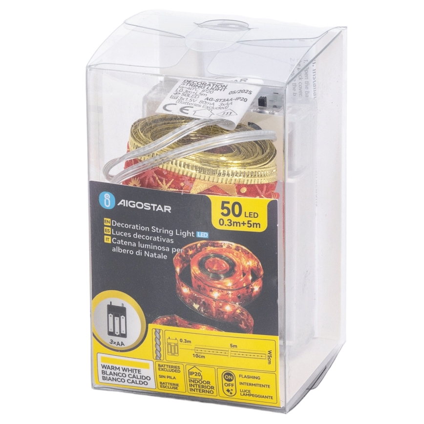 Aigostar - LED-Lichterkette 50 LEDs / 3×AA, 5 m, warmweiß, rot