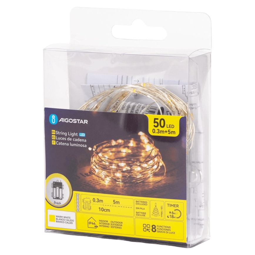 Aigostar - LED-Lichterkette für den Außenbereich, 50 LEDs, 8 Funktionen, 3×AA, 5,3 m, warmweiß