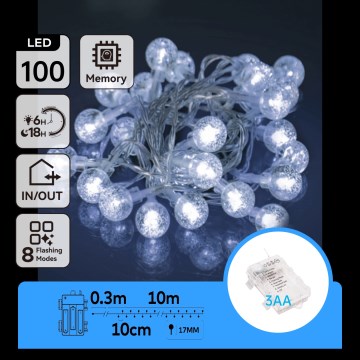Aigostar - LED-Lichterkette für den Außenbereich, 100 LEDs, 3×AA, 8 Funktionen, 10,3 m, IP44, kaltweiß