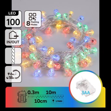 Aigostar - LED-Lichterkette für den Außenbereich, 100 LEDs / 8 Funktionen, 3xAA, 10,3 m, IP44, mehrfarbig
