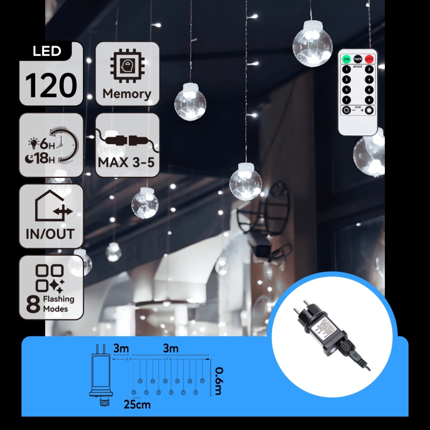 Aigostar - LED-Lichterkette für den Außenbereich 120 LEDs / 8 Funktionen 3×0,6 m IP44 kaltweiß + Fernbedienung