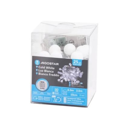 Aigostar - LED-Lichterkette für den Außenbereich 25 LEDs/3x AA-Batterien/8 Funktionen 2,8 m IP44 kaltweiß